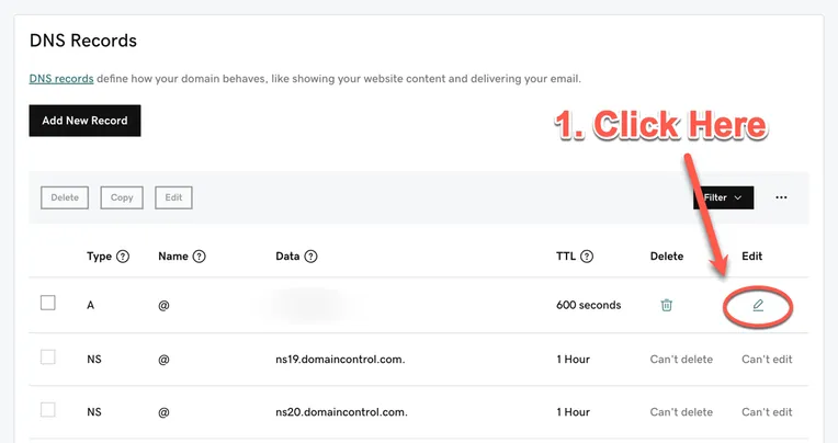 A screenshot of the GoDaddy DNS settings