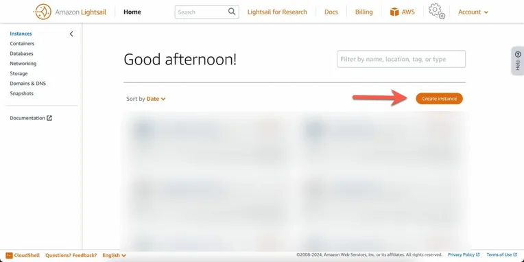A screenshot of the AWS Lightsail dashboard