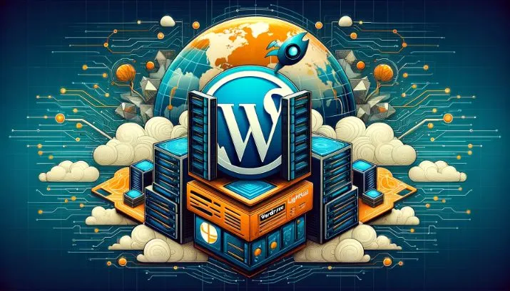 A image showing globe and Wordpress logo and technological graphics