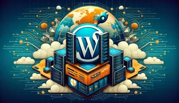 A image showing globe and Wordpress logo and technological graphics