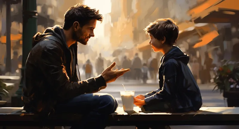 A watercolor style illustration showing a father and son sitting on a window sill sharing a milkshake