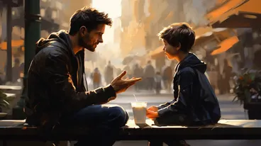 A watercolor style illustration showing a father and son sitting on a window sill sharing a milkshake