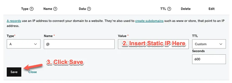 A screenshot of the GoDaddy DNS settings
