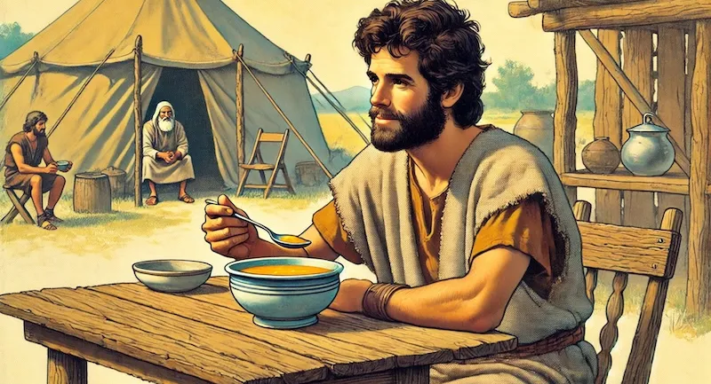 An old Sunday School style image of Esau eating soup