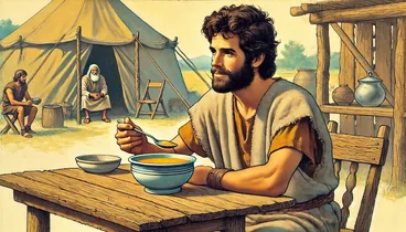 An old Sunday School style image of Esau eating soup