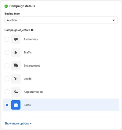 An image of the current facebook ad objectives