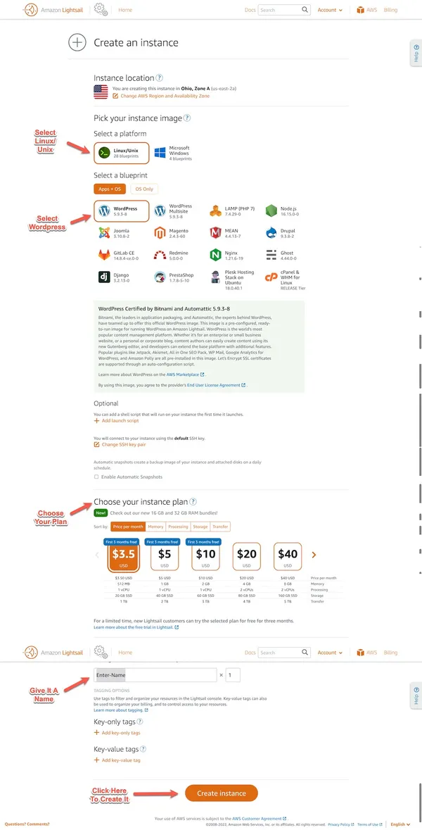 An image of a user selecting the options for a new WordPress instance