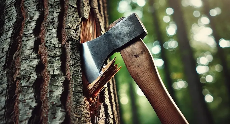 A photo of a an axe stuck into a tree