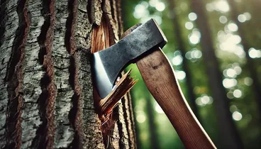 A photo of a an axe stuck into a tree
