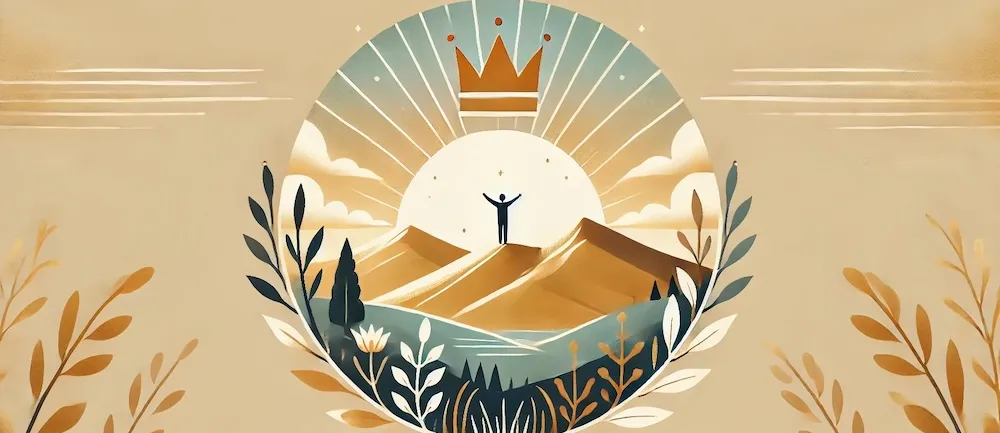 An illustration showing mountains and a man standing on top