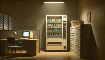 A scene showing a quiet, dark, sterile office space with a vending machine