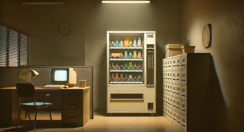 A scene showing a quiet, dark, sterile office space with a vending machine