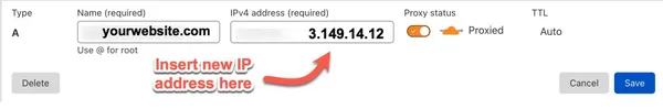 An image of a user updating the A record in their DNS settings